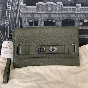Coach Wristlet Clutch Foldover Wallet In Cargo Green